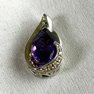 Alwand Vahan 925 Sterling Silver Amethyst Diamond Chip Teardrop Pendant 2.2g
